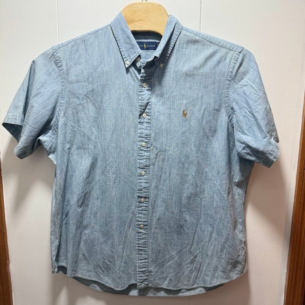 Ralph Lauren Mens XXL Chambray Denim Short Sleeve Button Down Shirt Blue Pony